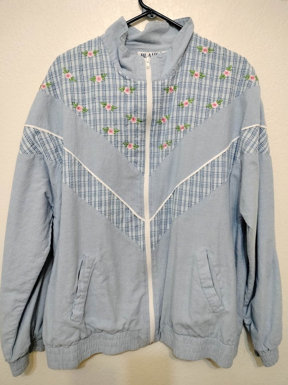 Light Blue Floral Embroidered Zip Jacket